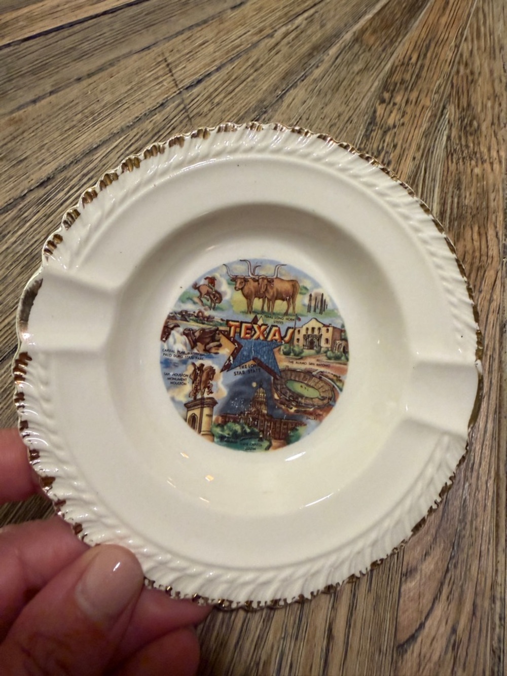 Vintage Texas Ashtray Trinket dish Alamo Longhorn Mid Century souvenir gold rim